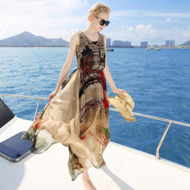 Women 100 Silk dress Beach dress 100% Natural Silk Brown Printed dress Holiday summer dresses